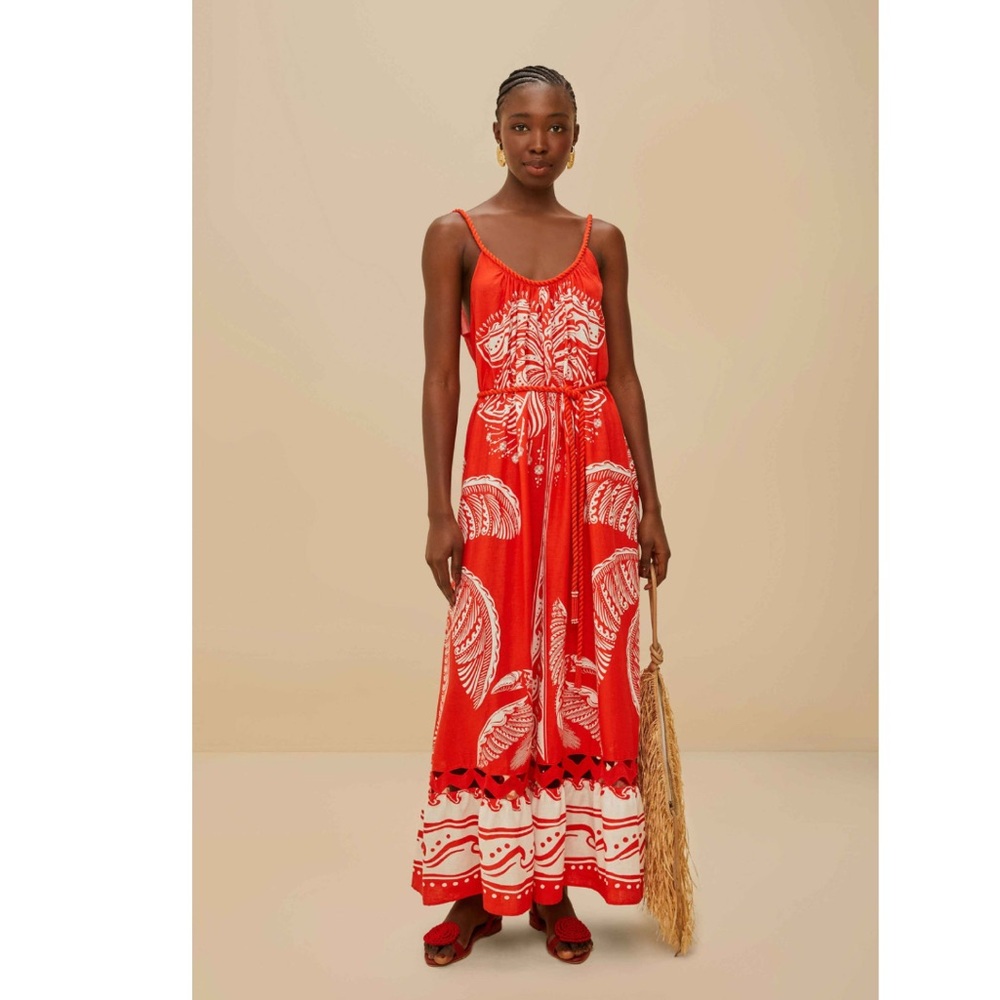 FARM Rio Red Majestic Coconut Tree Lenzing Euroflax Maxi Dress Size Large NWT